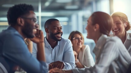 Office colleagues having casual discussion during meeting in conference room. Group of men and women sitting in conference room and smiling. : Generative AI