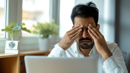 Poster - Glaucoma Concept. Young Indian Man Massaging Tired Eyes After Working On Laptop Computer, Millennial Eastern Male Suffering From Eyestrain And Fatigue, Sitting At Workplace In Home Off : Generative AI