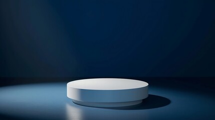 Poster - Empty white round podium and deep shadows on dark blue background. Showcase for product presentation. Pedestal for beauty cosmetic advertising. Minimal still life. Front view. : Generative AI