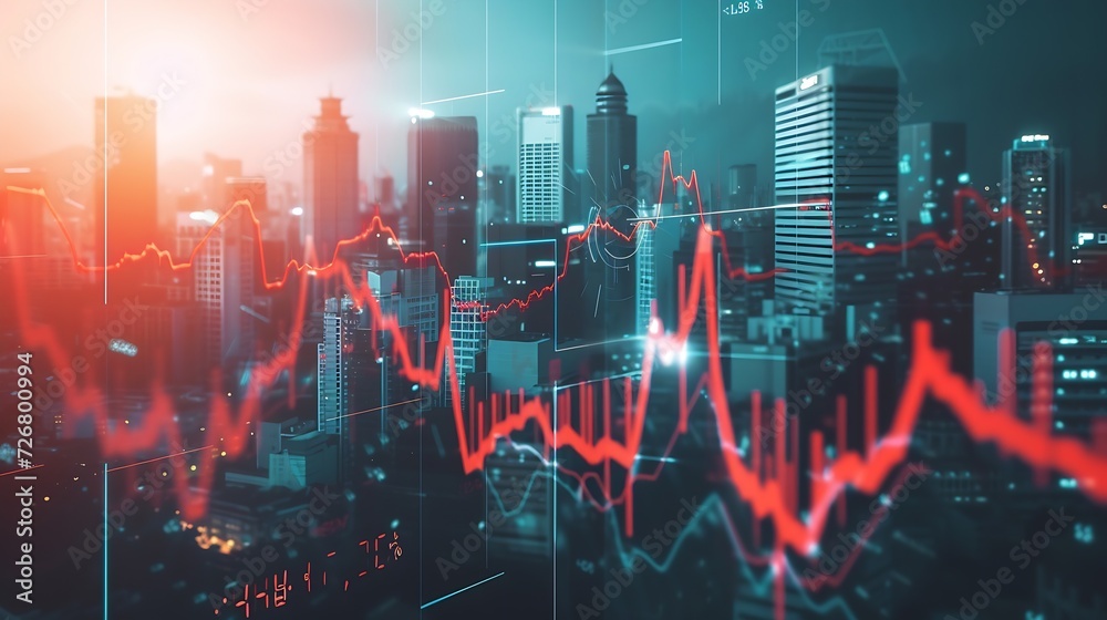 Economic crisis concept shown by declining graphs and digital ...
