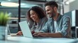© Generative AI - Cheerful businesspeople using a laptop in an office. Happy young entrepreneurs smiling while working together in a modern workspace. Two young businesspeople sitting together at a tabl : Generative AI