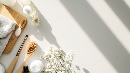 Poster - Spa treatment concept, flat lay composition with natural cosmetic products and massage brush, view from above, blank space for a text : Generative AI