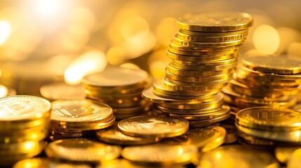 Fototapete - Pile of gold coins money stack in finance treasury deposit bank account saving . Concept of corporate business economy and financial growth by investment in valuable asset to gain cash : Generative AI