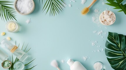 Poster - Spa cosmetic products concept, spa background with a space for a text, flat lay, view from above : Generative AI