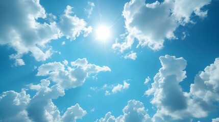 Poster - Blue sky and white clouds floated in the sky on a clear day with warm sunshine combined with cool breeze blowing against the body resulting in a miraculous refreshing like paradise. : Generative AI