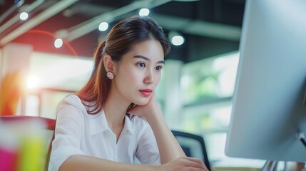 Fototapete - Working woman, Asian businesswoman working in the office, managing in the office, running a company, running a startup business. The concept of working in a startup company. : Generative AI