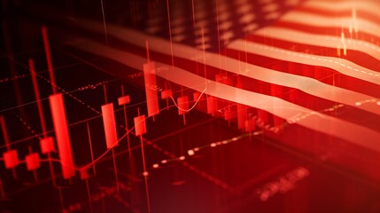 Poster - Stock market trading graph in red color economy. usa flag dollar bill background. Trading trends and economic development. Effect of recession on US economy. Stock crash market exchang : Generative AI