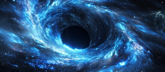 Wall Mural - computer generated 3d rendering of black hole formed by merging blue glowing spinning neutron stars.