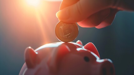 Poster - Hand putting coin to piggy bank : Generative AI