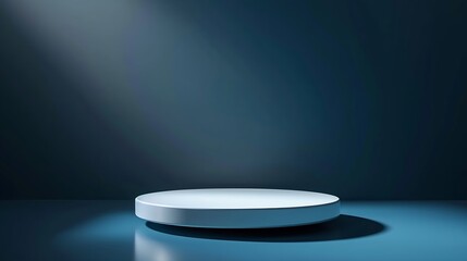 Poster - Empty white round podium and deep shadows on dark blue background. Showcase for product presentation. Pedestal for beauty cosmetic advertising. Minimal still life. Front view. : Generative AI