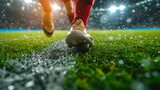 Fototapeta Sport - Cropped image of running soccer, football player at stadium during football match. Concept of sport, competition, goals. Collage, poster for ads. Crowded stadium effect : Generative AI