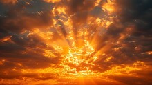 The Morning Sky Looked Like A Bright Golden Sky. The Sunrise Is Decorated With Clouds In Various Shapes. Looks Beautiful. : Generative AI