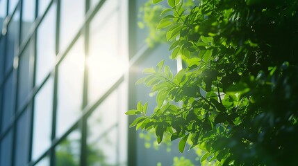 Wall Mural - Eco architecture. Green tree and glass office building. The harmony of nature and modernity. Reflection of modern commercial building on glass with sunlight. : Generative AI