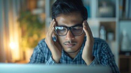 Poster - Glaucoma Concept. Young Indian Man Massaging Tired Eyes After Working On Laptop Computer, Millennial Eastern Male Suffering From Eyestrain And Fatigue, Sitting At Workplace In Home Off : Generative AI