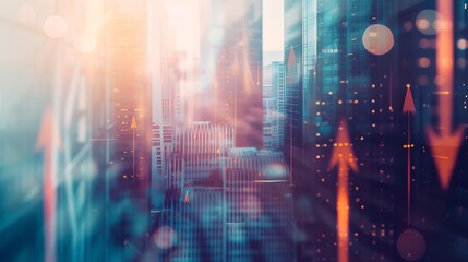 Aufkleber - Abstract city with upward arrows and daylight. Double exposure. Finance concept : Generative AI