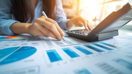Fototapete - Business Financing Accounting Banking Concept, Businesswoman doing finances and calculating financial report with business graph growth chart, finance and investment, business analysis : Generative AI