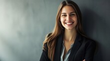 Image Of Happy Young Business Woman Posing Isolated Over Grey Wall Background. : Generative AI