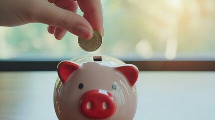 Poster - Hand putting coin to piggy bank : Generative AI