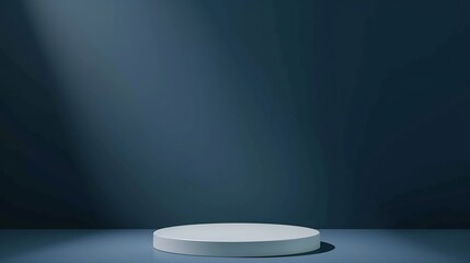 Poster - Empty white round podium and deep shadows on dark blue background. Showcase for product presentation. Pedestal for beauty cosmetic advertising. Minimal still life. Front view. : Generative AI