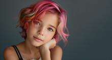 A Cute Young Girl With Pink Hair Is Posing On A Grey Background, In A Colorist Style, With Light Orange And Light Indigo Colors, Featuring Volumetric Lighting, With A Smokey Background.