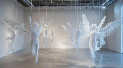 Wall Mural - A gallery installation featuring suspended wire sculptures of angels representing the modern worlds reliance on technology.