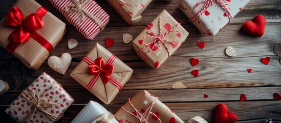 Poster - Top view of gifts for Valentine's Day, Mother's Day, or birthdays, arranged on a wooden table.