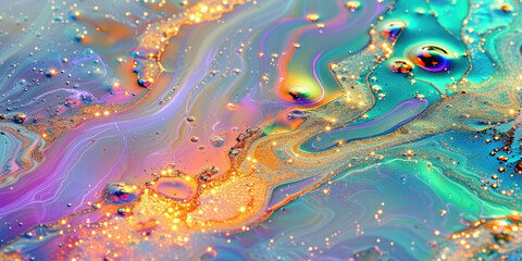 Poster - a rainbow color liquid,closeup of colorful liquid substance with glitter suitable for party decorati