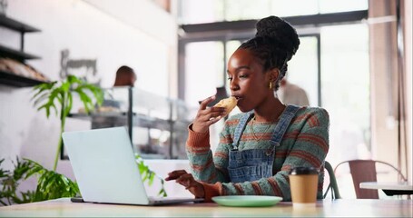 Sticker - Computer, breakfast and black woman in coffee shop working on creative freelance project. Research, technology and African female designer eating scone and typing on laptop in cafe or restaurant.