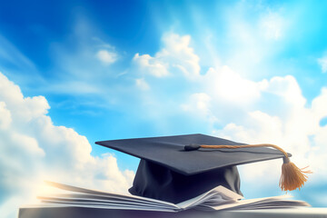 Graduation Cap on Open Book Against Blue Sky