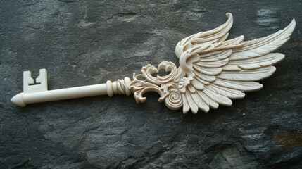 Wall Mural - A guardian key carried by angels to open the doors to heavenly realms and symbolizing the protection and guidance they offer to those on Earth.