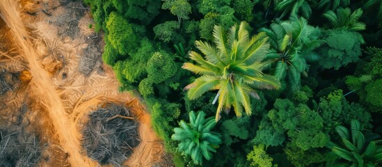 Sticker - Illegal logging and palm oil plantations causing deforestation in tropical rainforest as seen from a drone's perspective.