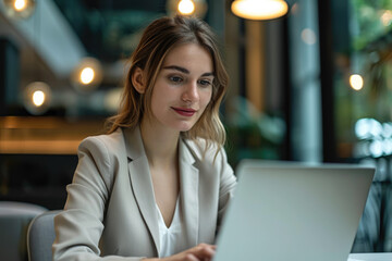 Poster - A businesswoman using a laptop to manage human resources, with a look of professionalism on her face
