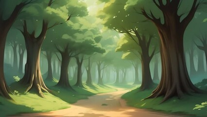 Poster - A sunlit path winds through a verdant forest with towering trees.