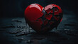 Broken red heart on a dark retro background. Minimal abstract lost love and breakup concept. Loved ones we lost idea and strong emotions idea. With copy space.