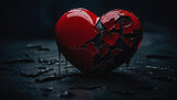 Fototapeta  - Broken red heart on a dark retro background. Minimal abstract lost love and breakup concept. Loved ones we lost idea and strong emotions idea. With copy space.