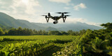 Fototapeta Tęcza - Drone Technology in Agricultural Field: Aerial Camera Flying in the Green, Digital Background of Rural Nature