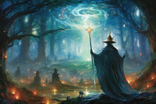 Mysterious Night In The Magical Forest: A Dark Fantasy Illustration With A Gothic Fairy In A Spooky Halloween Costume.