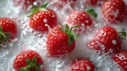 Wall Mural - A collection of strawberries submerged in white milk, decorate with splashes or spurts of milk resulting from the effect of strawberries falling from above. aerial view, direct top view,