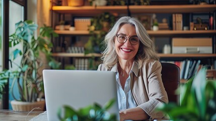 Wall Mural - mature woman using laptop in home office. Remote work from home concept with cheerful adult