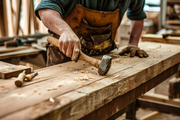 carpenter building a table in a workshop with a hammer and a handy look on their face and a tool belt with a nail on their waist