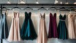 Elegant formal dresses on display in a luxury boutique, featuring prom, wedding, and evening gowns - options for rent for various events
