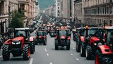Fototapeta  - Tractors blockade city streets causing traffic jams during protest rally by agricultural workers against tax increases and law changes