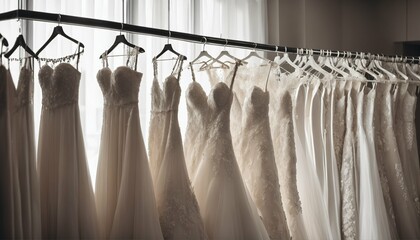 Poster - Beautiful elegant bridal dresses on hangers, closeup of luxury white wedding gowns in a bridal shop boutique