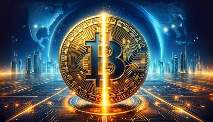 Poster - Bitcoin breaking in half with explosion, symbolizing the end of BTC and halving concept of 2024