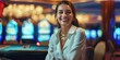 Smiling well dressed business woman inside casino interior