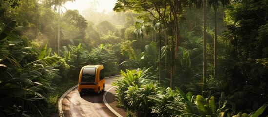 Sticker - Sustainable delivery with an eco-friendly vehicle cruising along a rural route amidst lush foliage.