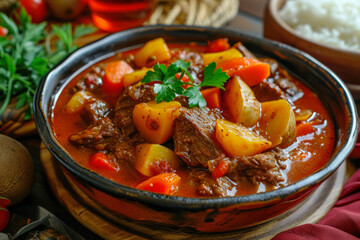  dish of goulash, a Hungarian stew with beef, potatoes, carrots, paprika, and other spices, in the style of hearty, spicy, warming