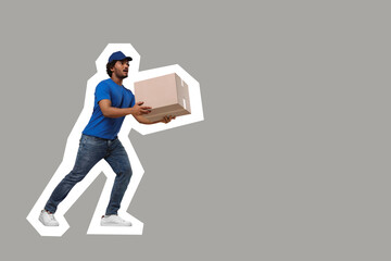 Wall Mural - Shocked courier with parcel running on grey background, space for text