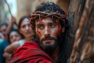 passion of christ on good friday, carrying the cross and crown of thorns through the streets of jeru