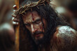 Passion of Christ on Good Friday, tortured gaze of a man condemned to carry a cross and crown of thorns through the streets of Jerusalem